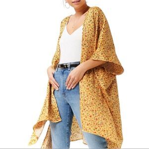 Yellow Satin Ditsy Floral Open Front Cardigan, Size S/M